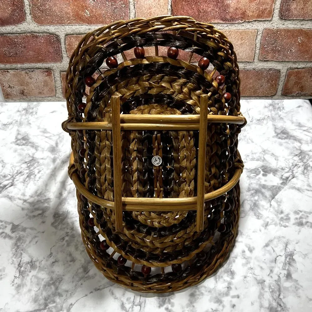 Vintage Gathering Basket With Wooden Beads | Wicker Magazine RacK | Towel Basket